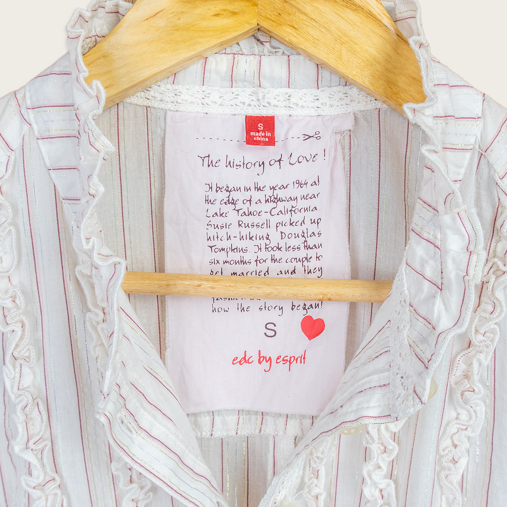 Y2K EDC by Esprit Ruffle Blouse - White Pink Stripe - Size S